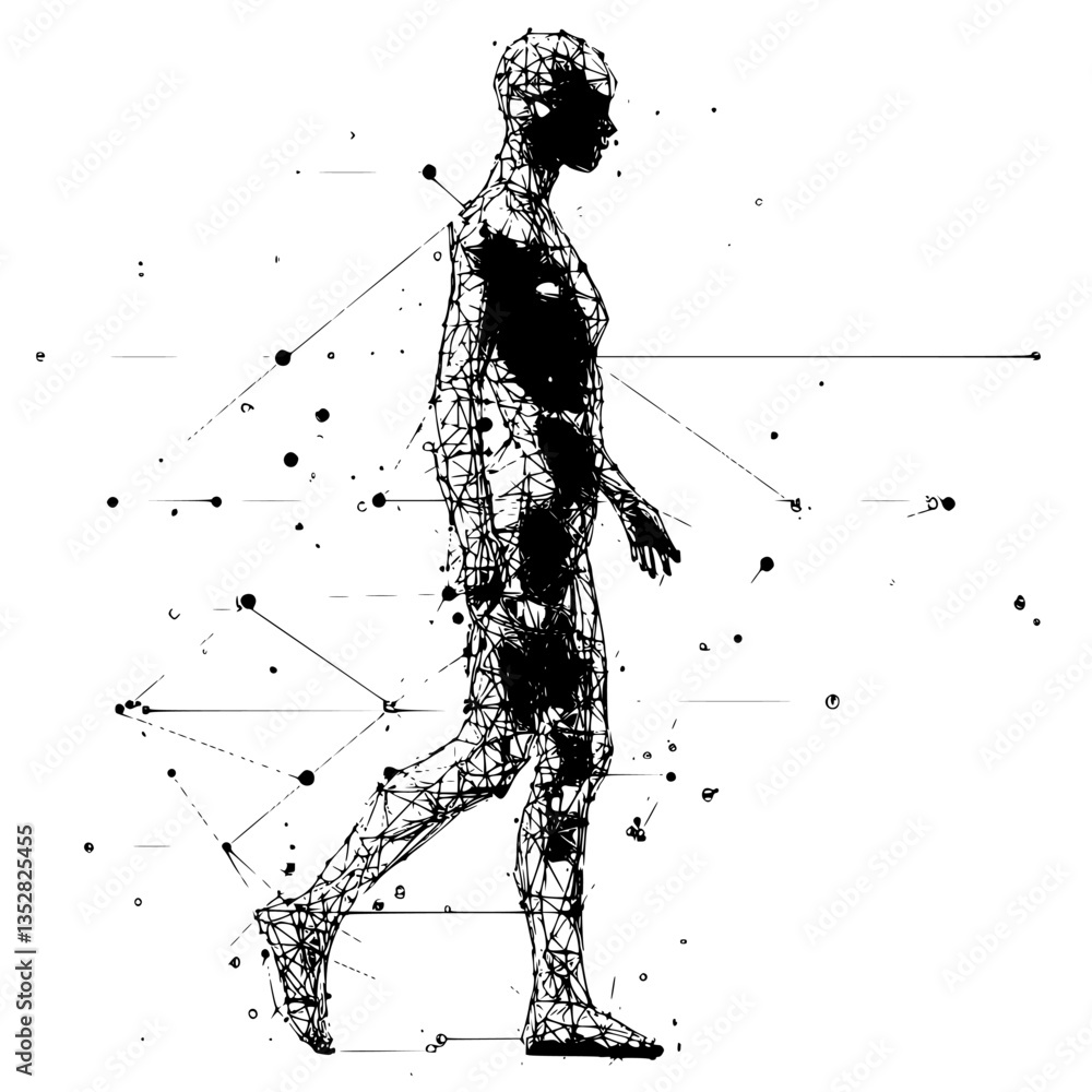 Poster walking figure represented in geometric lines and dots creates a digital art composition showcasing 