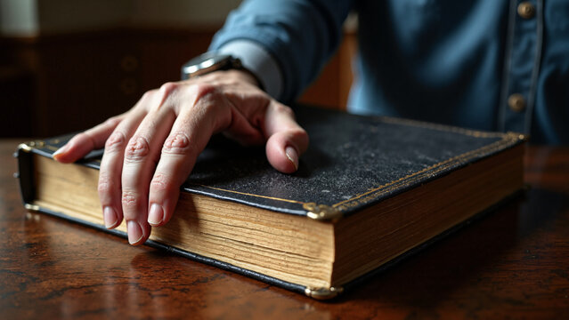 Man's Hand on Bible Swearing Oath, Isolated on Transparent Background for Legal and Religious Publications