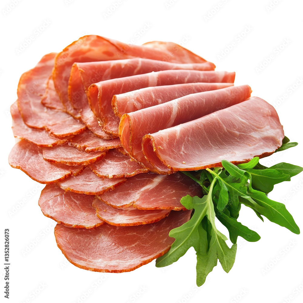 Poster sliced ham served with fresh arugula on a clean transparent background, sliced ham isolated on png b