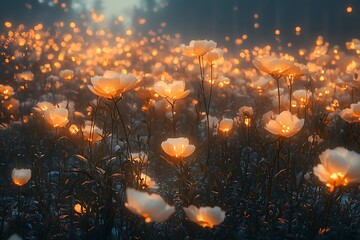 A surreal dreamlike meadow filled with softly glowing flowers.