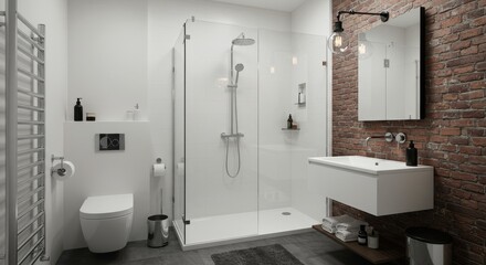 Modern Bathroom with Brick Wall and Glass Shower Enclosure - Stylish modern bathroom featuring a glass shower, white fixtures, and a rustic brick accent wall. Clean and contemporary design