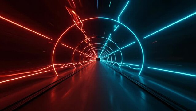 Futuristic tunnel with red and blue lights conveying speed  