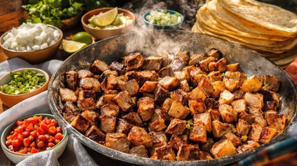 Obraz premium Ox tongue tacos preparation with cubed meat, metal pan, white onion, cilantro, limes, green and red salsas, corn tortillas, wooden surface, natural lighting