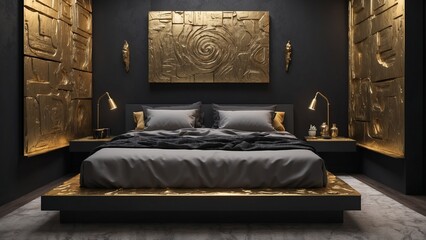 Modern bedroom design featuring gold textures and sleek furniture on dark background for luxury interior decor