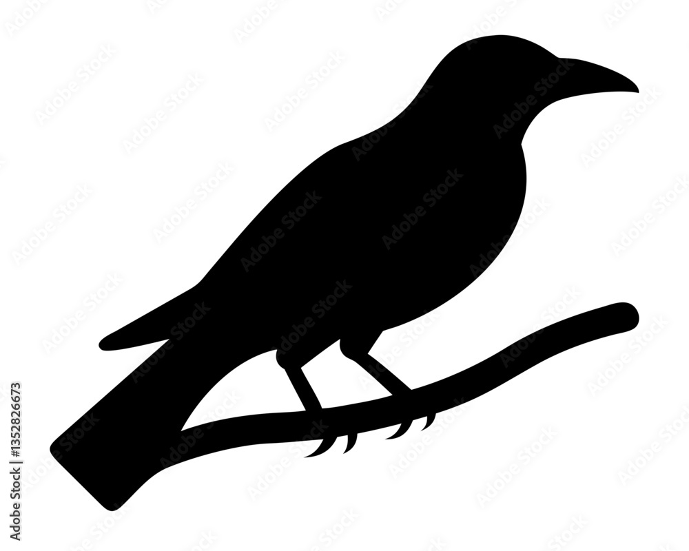 Poster raven silhouette on branch: a stark black silhouette of a raven perched on a slender branch, creatin