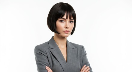 Portrait of a woman with short black hair and a gray blazer posing with arms crossed looking serious