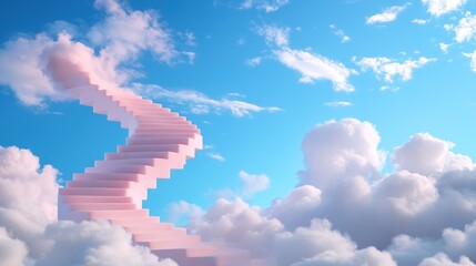 Pink staircase ascending through fluffy clouds under a bright blue sky