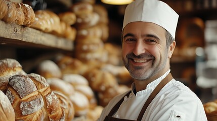 Baker in Bakery with Fresh Breads and Pastries, Culinary Expert
