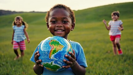 Cheerful African boy holding a colorful globe, happily playing with friends in an open grassy field. Concept of environmental awareness and childhood joy.