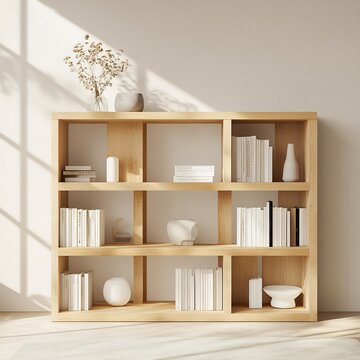 Minimalist wooden bookshelf showcasing books and decorative ceramic objects