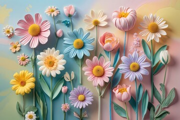 Whimsical Flowers on a Pastel Background for Spring Celebrations and Garden Parties