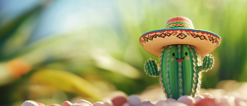 Festive cactus donning colorful sombrero celebrating mexican holiday with blurred desert backdrop