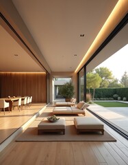 Modern luxury home interior with open space patio, outdoor furniture. Sunlight streams through big windows, illuminates wood floors, dining area, living room, green garden. Property features