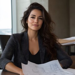 Confident businesswoman reviewing blueprints in modern office