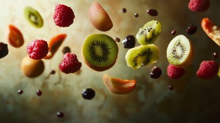 Floating Colorful Fruits: Kiwis Raspberries Apricots and Cherries