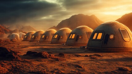 Fototapeta premium Martian sunset, geodesic domes, colony, red planet, science fiction