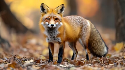 Fototapeta premium Red fox standing in autumn forest.
