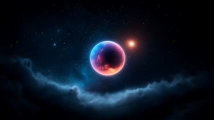 Obraz premium Vibrant Cosmic Scene with Glowing Nebulae and Planet