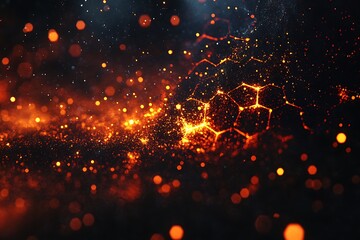 Glowing molecular structures with bokeh effect on a dark background