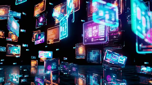 Digital interface landscape. Futuristic data visualization network. Dynamic technology environment with multiple holographic displays. - Powered by Adobe