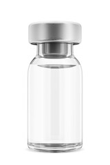 Medicine bottle with medicine. Vaccine. Medicine bottle mockup. Glass bottle with medicine and metal cap. Injection solution. 3d render.