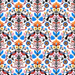 Seamless pattern with birds and flowers. Vibrant floral and bird pattern design inspired by folk art traditions