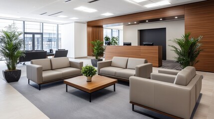 Fototapeta premium Modern Office Lobby with Elegant Furniture, Reception Desk, Indoor Plants, and Bright Natural Light