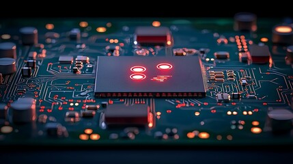 Close-up of a circuit board with glowing components and intricate wiring designs