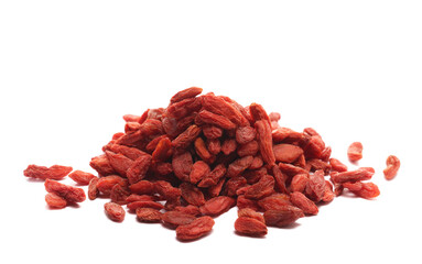 Dry Chinese wolfberries, goji berries pile isolated on white background, side view