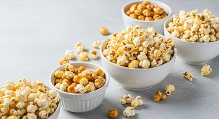 Delicious Buttery Popcorn Assortment - A delightful collection of sweet and savory popcorn in various bowls, perfect for movie night or a casual snack