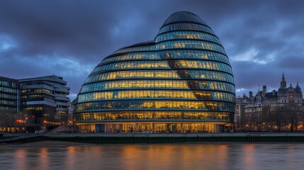 Obraz premium A beautifully lit modern office building at twilight, showcasing its innovative design.