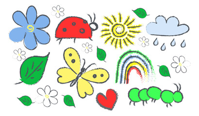 Children's drawing. Sun, cloud, beetle, butterfly, caterpillar, rainbow, flower, leaf