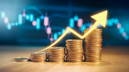 Coins gradually accumulate to form a growing financial bar chart, and the arrows pulse upwards to create a glowing effect. The digital style reinforces the investment theme