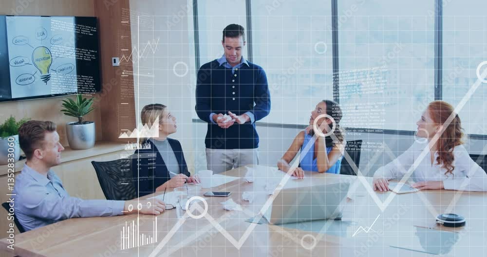 Poster discussing strategy, business team analyzing data with animation overlay in meeting