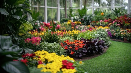 Obraz premium A beautiful botanical garden inside a park, showcasing a variety of colorful flowers and exotic plants.