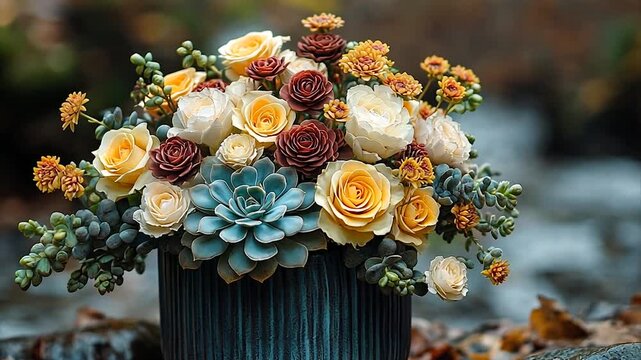 Beautiful floral arrangement with roses and succulents by a stream