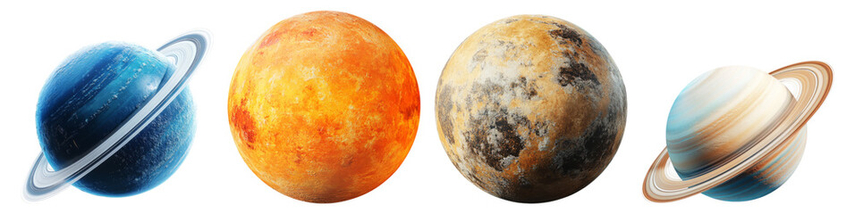 Obraz premium Colorful Artistic Representations of Four Unique Planets, Isolated on Transparent Background