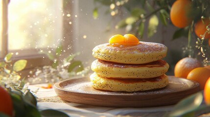 A stack of fluffy pancakes topped with citrus fruit on a wooden plate