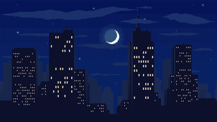 Night time cityscape pixel background. High buildings silhouette with moon, stars and clouds. 2d pixel video game nighttime with modern skyscrapers in city.