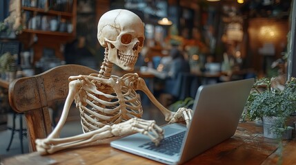 Skeleton Using Laptop in a Humorous Office Setting – Funny Workplace Concept