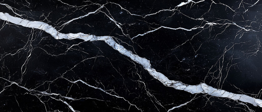 Peinture hyperr&eacute;aliste et d&eacute;taill&eacute;e d&rsquo;un luxueux marbre noir vein&eacute; de blanc