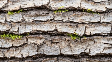 Close-up of tree bark texture with moss growing in crevices. Detailed patterns