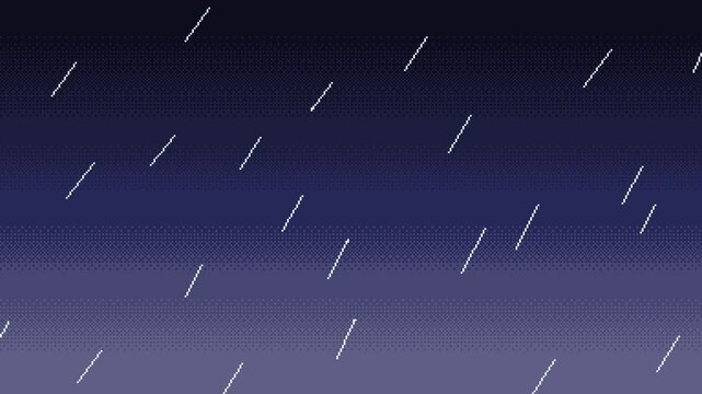 Pixel art rain and lightning strikes animation. Seamless loop animated video of rainy and stormy weather. Retro video game style.
