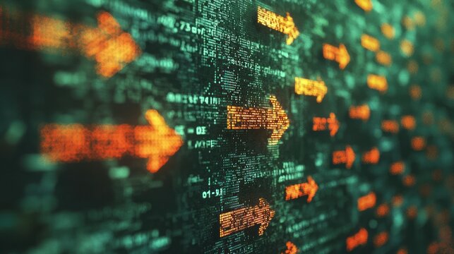 Digital arrows pattern on complex data background with shallow depth of field