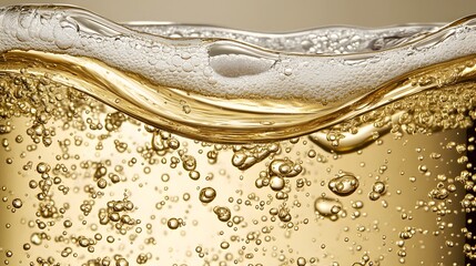 Sparkling Elegance: Close-up of a drink with effervescent bubbles, capturing the liquid movement in perfect detail. A dance of bubbles on the drink's surface.