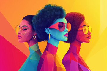 Fototapeta premium Three stylish women with vibrant, geometric designs and sunglasses, radiating confidence and energy.