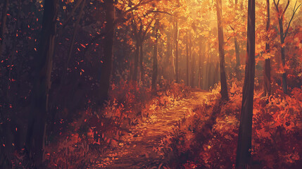 An autumn forest with golden and red leaves, a winding dirt path, and soft sunlight filtering through the branches, evoking a peaceful and nostalgic atmosphere