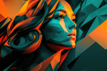 A stylized female portrait in vibrant teal and orange hues, rendered in a low-poly geometric style.