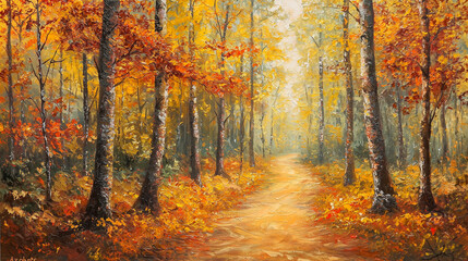 An autumn forest with golden and red leaves, a narrow dirt path winding through the trees, and soft sunlight filtering through the branches, creating a peaceful and nostalgic vibe
