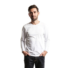 Fototapeta premium Confident white man with hands in pockets smiling softly at the camera against a white backdrop
